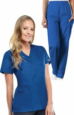 Cherokee Workwear Women's Snap Front Solid Scrub Top & Elastic Waistband Cargo Sc