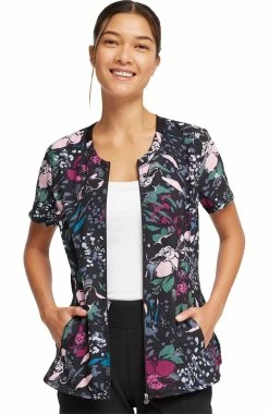 Cherokee Women's Zip-Front Wild Fleur You Print Scrub Top