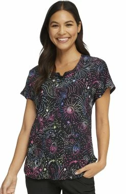 Heartsoul Clearance Women's Round Neck Celestial Twist Print Scrub Top