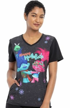 Cherokee Clearance Women's Trolls Holla Days Print Scrub Top
