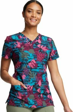 Dickies Women's V-Neck Falling Foliage Print Scrub Top