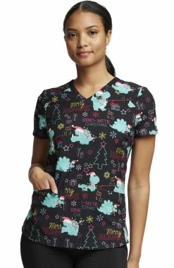 Dickies Women's V-Neck Merry RexMas Print Scrub Top