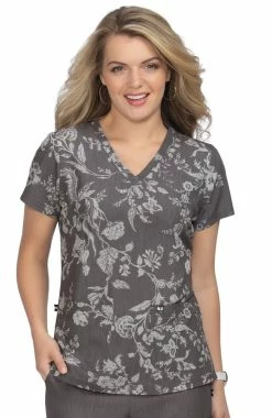 Koi Clearance Women's Early Energy Heather Grey Botanical Burnout Print Scrub Top