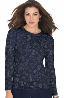 Koi Women's Presley Flower Shower Navy Burnout Print Underscrub T-Shirt
