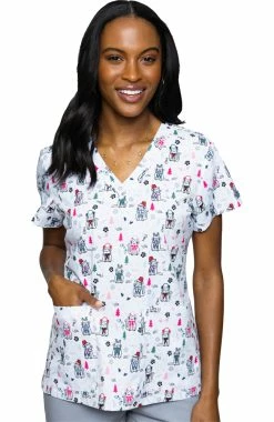 Med Couture Women's Vicky Meowy Christmas Print Scrub Top