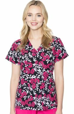 Med Couture Women's Vicky Pink Flower Power Print Scrub Top