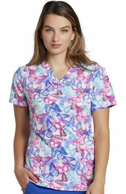 White Cross Clearance Women's Painted Butterfly Print Scrub Top