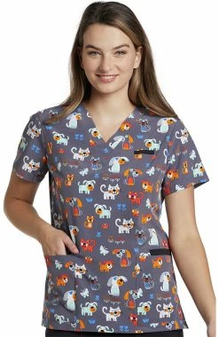 White Cross Clearance Women's Happy Pets Pewter Print Scrub Top