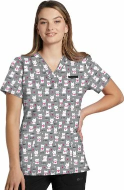 White Cross Clearance Women's Love Cats Print Scrub Top