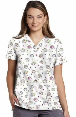 White Cross Women's V-Neck Cuties Print Scrub Top
