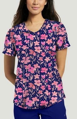 White Cross Women's Round V-Neck Spring In My Step Print Scrub Top