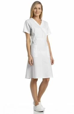 White Cross Women's Pleated Mock Wrap Scrub Dress