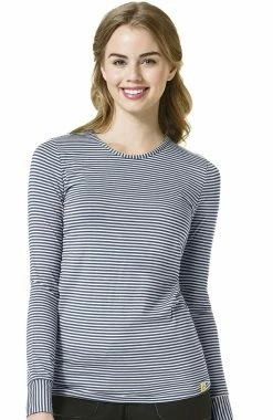 WonderWink Clearance Women's Silky Long Sleeve Stripe Print Underscrub T-Shirt