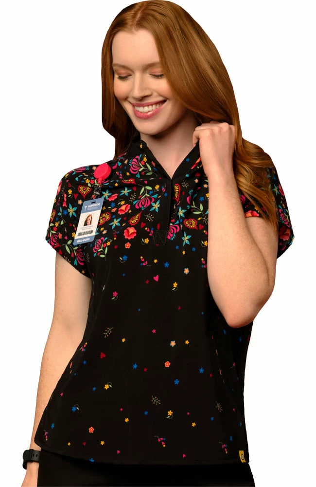 WonderWink Clearance Women's Mandarin Collar Folk Art Print Scrub Top 3 WonderWink Clearance Women's Mandarin Collar Folk Art Print Scrub Top