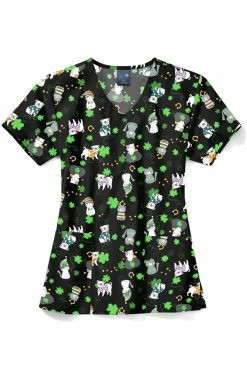 Zoe And Chloe Women's V-Neck Happy Go Lucky Print Scrub Top
