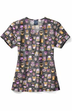 Zoe And Chloe Women's V-Neck Whoo's Hip Print Scrub Top