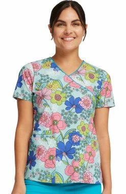 Cherokee Women's Mock Wrap Retro Buds Print Scrub Top -Scrubs for Women shop 3 ck ck614 print 650
