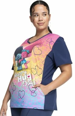 Cherokee Clearance Women's Happy Hug Day Print Scrub Top -Scrubs for Women shop 3 ck tf627 printclearance 650 1