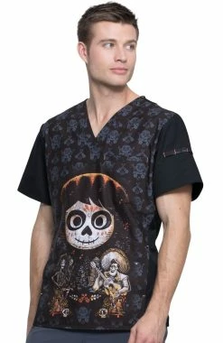 Cherokee Clearance Men's V-Neck Disney Pixar Coco Print Scrub Top -Scrubs for Women shop 3 ck tf700 printclearance 650