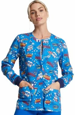Dickies Clearance Women's Snap Front Super Smile Print Warm-Up Jacket -Scrubs for Women shop 3 di dk306 printclearance 650