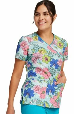 Cherokee Women's Mock Wrap Retro Buds Print Scrub Top -Scrubs for Women shop 4 ck ck614 print 650
