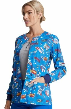 Dickies Clearance Women's Snap Front Super Smile Print Warm-Up Jacket -Scrubs for Women shop 4 di dk306 printclearance 650