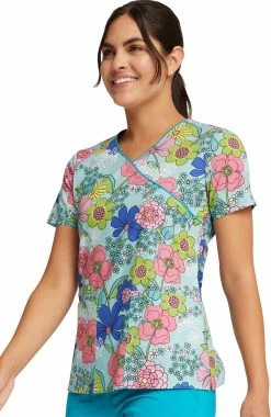 Cherokee Women's Mock Wrap Retro Buds Print Scrub Top -Scrubs for Women shop 5 ck ck614 print 650