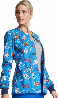 Dickies Clearance Women's Snap Front Super Smile Print Warm-Up Jacket -Scrubs for Women shop 5 di dk306 printclearance 650